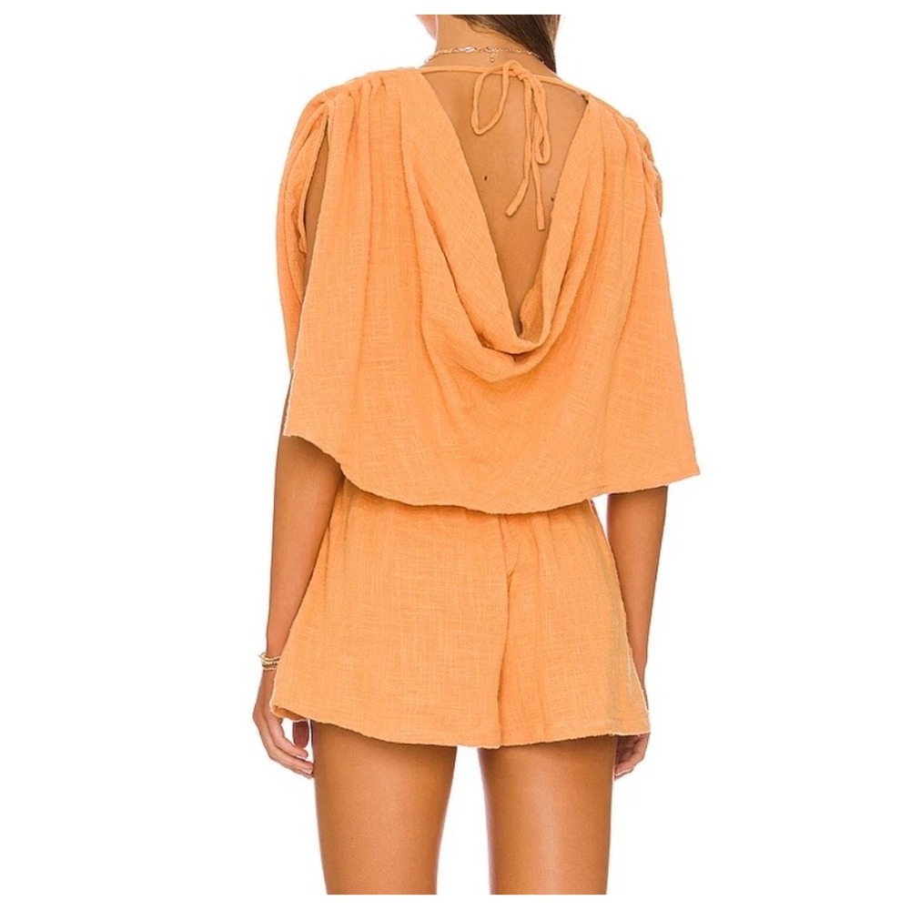 Y2K Free People Pietro Romper Orange Smocked Waist Cowl Back XS Boho Cottagecore - Picture 2 of 7